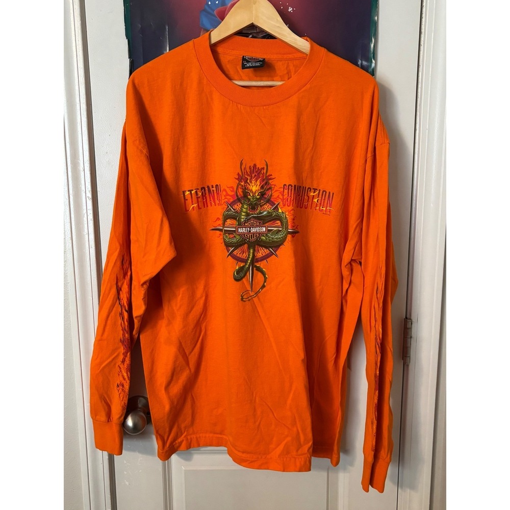 Harley Davidson Eternal Combustion Dragon Long Sleeve Shirt Orange flame 2XL USA